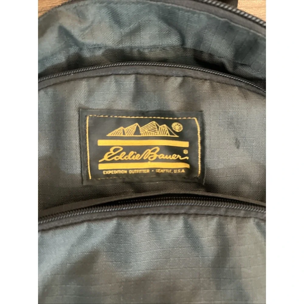 Vintage Eddie Bauer Backpack Forest Green Canvas Suede Leather Bottom Daypack